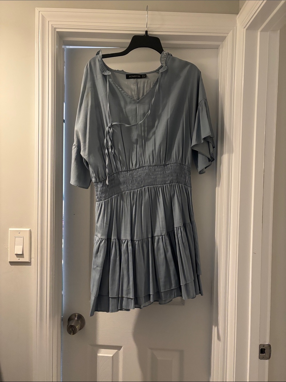 Homeyee Dusty Blue Smocked-Waist Tiered Mini Dress